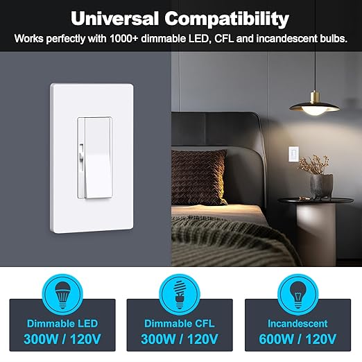 BESTTEN 6 Pack Super Slim Dimmer Light Switch, Quiet Rocker, Single Pole or 3 Way Dimmable Switch, Max 300W LED, CFL, 600W Incandescent, Screwless Wall Plate Included, ETL Listed, White