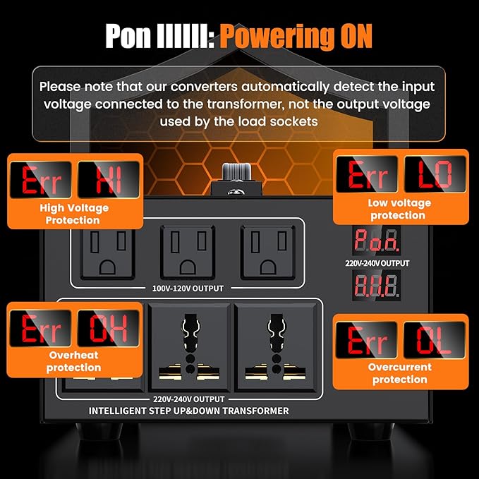 6000W Voltage Converter Transformer Step Up 110V/120V to220V/240V or Step Down 220V to 110V AC Power Converte, Circuit Breaker Protection, 3 US sockets, 3 Universal sockets, LCD Display