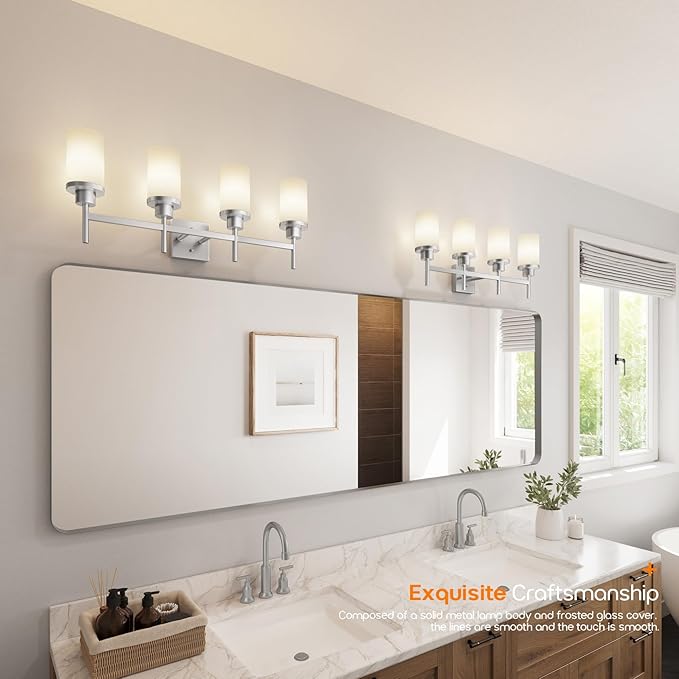 AONEON 4-Light Vanity Lighting Fixtures with White Frosted Glass Shade, Brushed Nickel Bathroom Wall Lamps Over Mirror for Bath Restroom Kitchen T001BR-L4