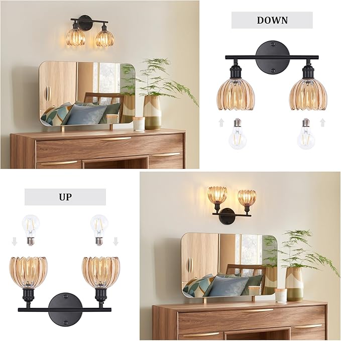 Shenmoyl Bathroom Light Fixtures, 2-Light Black Vanity Wall Light Over Mirror with Amber Tulip Glass Shade for Bedroom Living Room (Bulb Not Included)