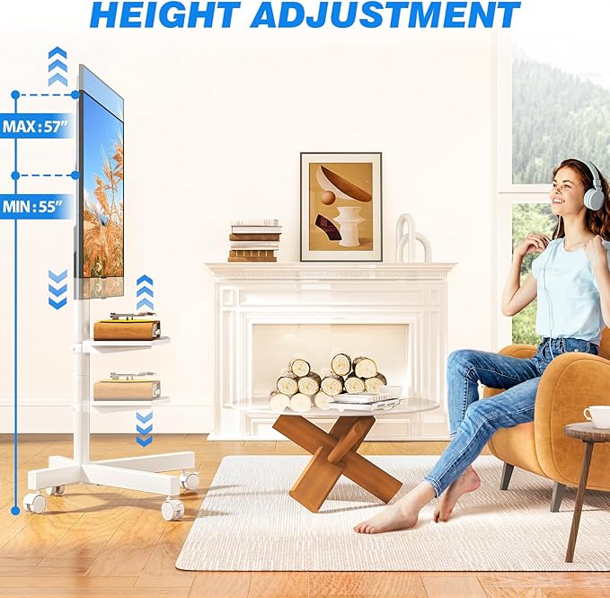 Rfiver Mobile TV Stand for 23-60 Inch LCD LED Flat/Curved Panel Screen TVs up to 88 lbs, Rolling TV Stand with Adjustable Shelf & Tilt, Portable Floor Stand on Wheels for Bedroom, Living Room, White
