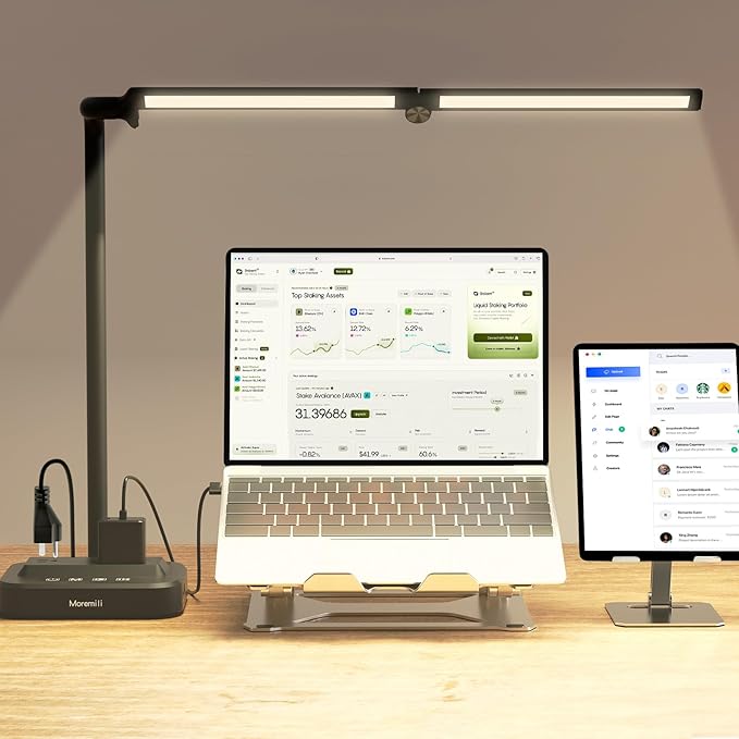 Moremili Adjustable LED Desk Lamp for Home Office | Integrated Power Hub with 2 Wide-Spaced AC Outlets, USB-C & USB-A Charging Ports | Anti-Glare Light, Foldable Design & Surge Protection