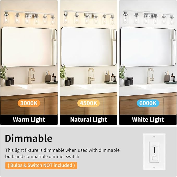 DIKAIDA Bathroom Vanity Light, 6-Light Nickel Modern Matte Wall Sconce Lighting with Clear Glass Shade, Wall Lights,Bath Vintage Wall Mounted Lamps for Mirror Bedroom Living Room