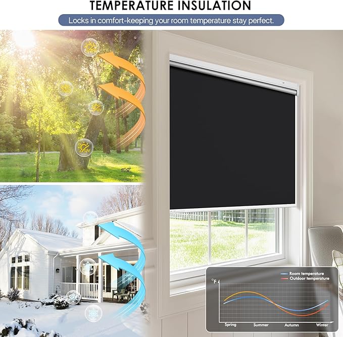 Motorized Roller Blinds with Remote Control & Solar Panel - 100% Blackout Smart Blinds, Automatic, Cordless, Electric Shades - Compatible with Alexa - Black, 35" W x 72" H