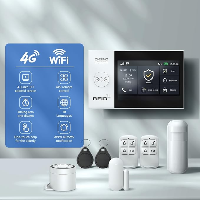 LWOHSI Home Security Systems,Wireless 4.3" Fulltouch Screen Home Alarm Kits with 2MP HD Security Camera,GSM 4G /Tuya APP Real-Time Alerts,Door Sensors,SOS,Work with Alexa&Google for Villa,Apartment