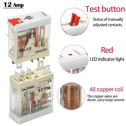 12 Pcs 12Amp Mini Relay Switch DPDT with Test Button 110V/120V AC 1NO 1NC 5Pin Socket Base with Indicator Light UL Certification