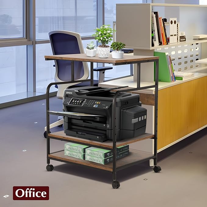 GCCSJ Large Printer Stand，3 Tier Printer Cart with Adjustable Storage Shelf，23.6 x18.9 x 29.5 inches Printer Stand for Home Office, Stands for Heat Press Scanner Fax, Industrial Style, Brown