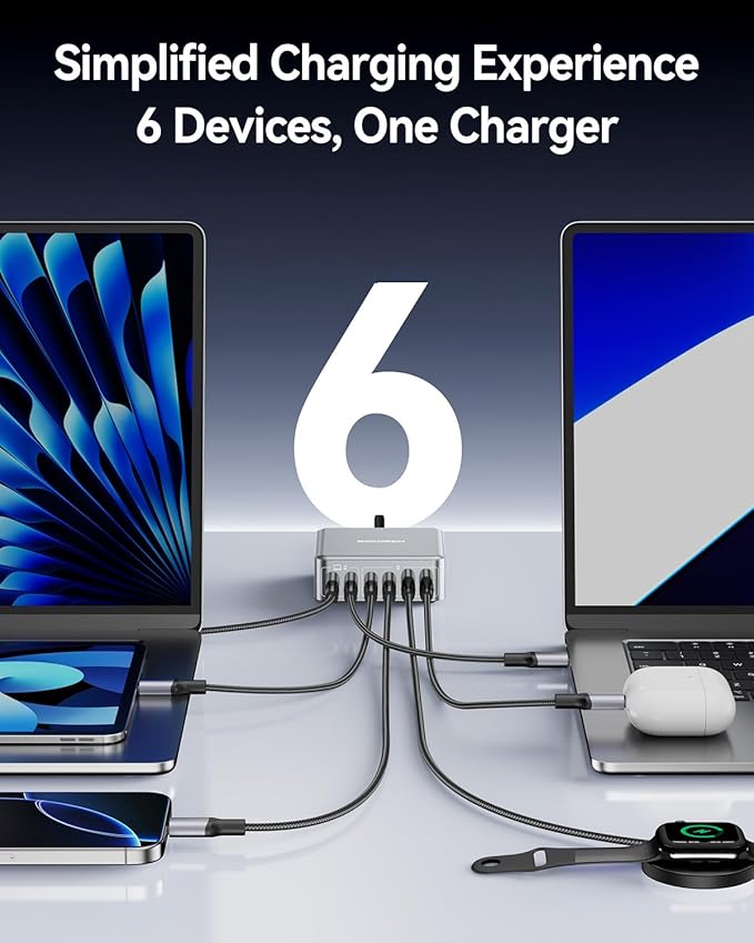 270W USB C Charger Block, Rocoren 6 Port Multi USB-C Charging Station,100W PD Fast USBC Gan Charger Station Hub Dock for Multiple Devices, Laptop Type C for MacBook/iPhone 17/iPad/Galaxy S25 (Sliver)