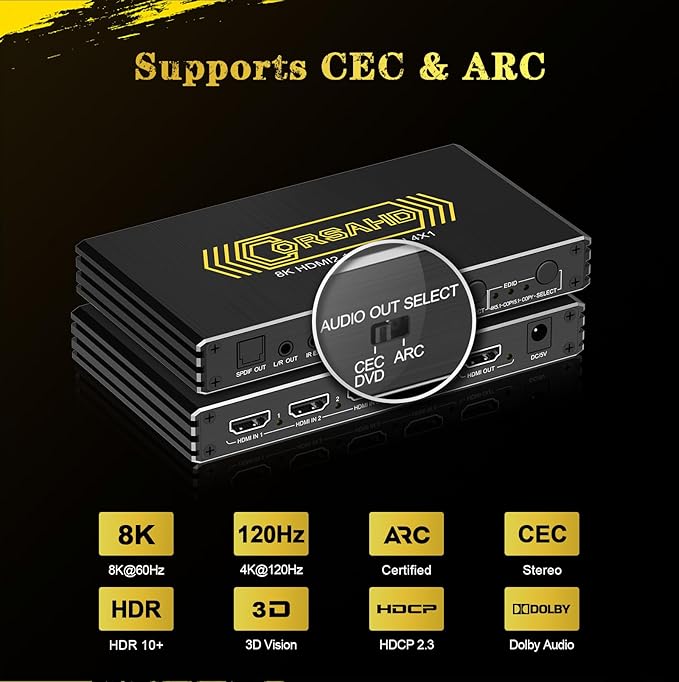 CORSAHD 4K@120Hz HDMI 2.1 Switch 4 in 1 Out with Audio Extractor,48Gbps,HDCP 2.3,HDR 10+,ARC,VRR,ALLM,CEC,IR Remote,Optical SPDIF 5.1Ch,AUX L/R 3.5mm 2.1Ch,HDMI Switcher 4x1,4 Port HDMI Selector