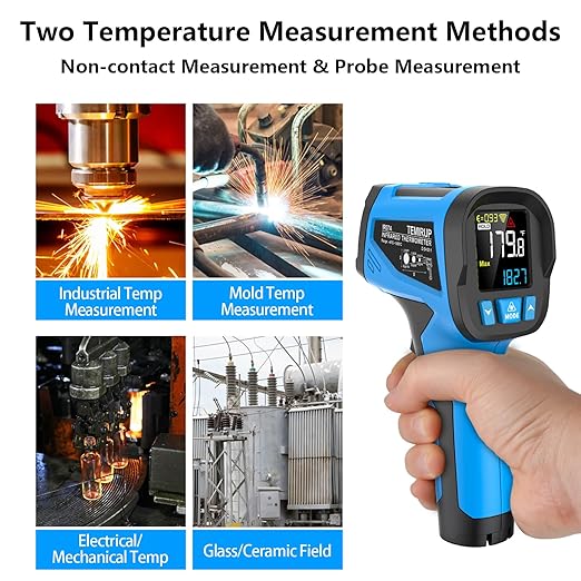 TEMIRUP Infrared Thermometer Temperature Gun -40℉ to 2462℉, 30:1 High Temp Laser Thermometer/K-Type Probe 14°F~932°F, Digital IR Pyrometer Temp Gun for Cooking, Engine, Kiln, Forging, HVAC&Industrial