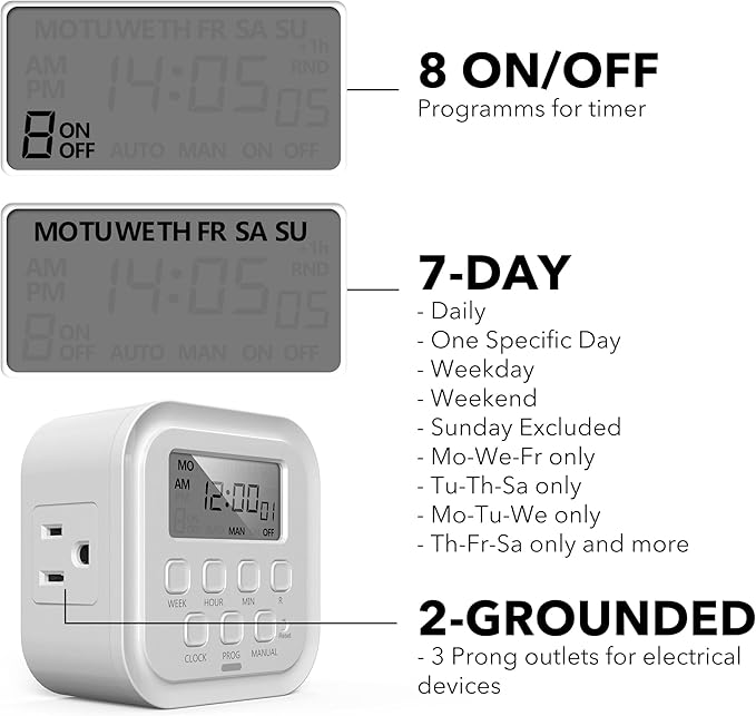 HBN 7 Day Heavy Duty Digital Timer, Dual Outlet, On/Off Programs 3-Prong Programmable Timer, Indoor, for Lamp, Light, Fan, Pets, Home, Kitchen, Office, Appliances, 125V, 15A, 1875W, 60Hz