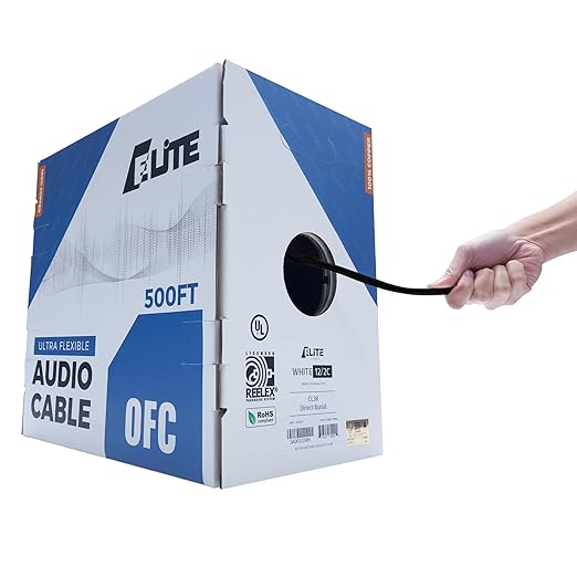 Elite 12/2 Speaker Wire, 12AWG/2-Conductor, UL Listed, CMR/CL3R, (Riser/in-Wall & Outdoor/In-Ground (Direct Burial)- 100% Oxygen Free Pure Bare Copper (OFC), 500ft Bulk Cable (65 Strands) Black