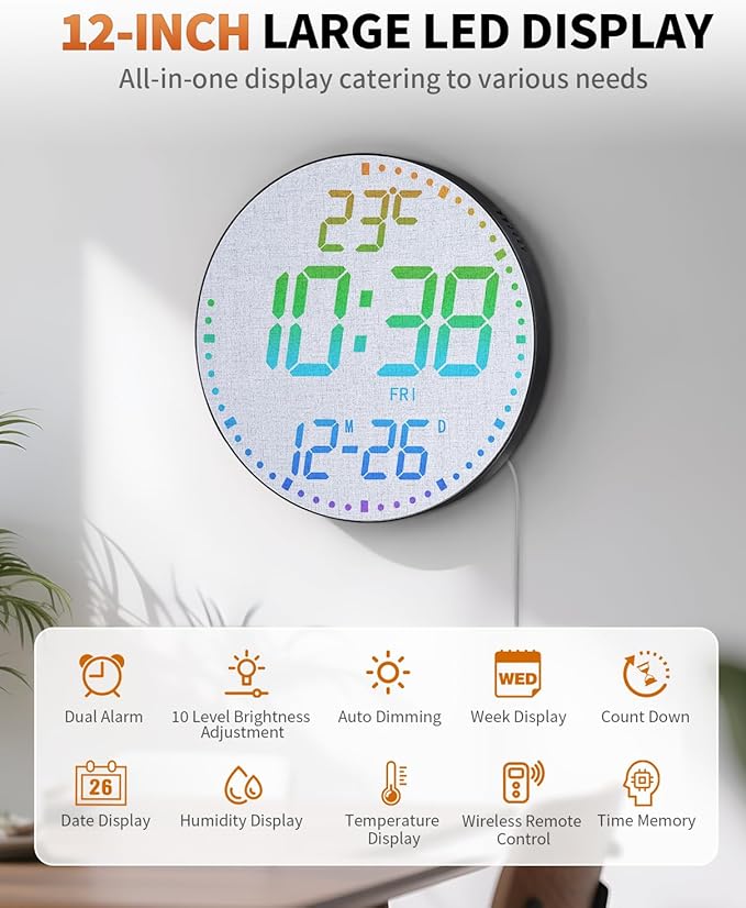 GLOKUUCA 12" Large Digital Wall Mount Clock, Count Down Timer, Alarm, Big LED, 12 RGB Color, Temperature for Living Room Classroom Desk, Xmas, Birthday Gift for Senior Mom (Fabric Elements)
