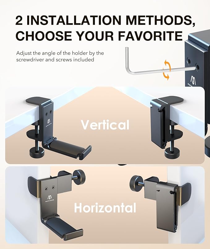 APPHOME Headphone Stand Hook for Desk, Foldable Under Table Headset Holder with Built-in Cable Clip Organizer, Clamp Hanger Mount for PC Gaming, Office, Backpack, Bag, Purse Hanging
