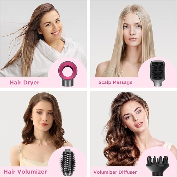 IG INGLAM 4 in 1 Hot Air Brush, Negative Ion Detachable Hair Styler & Volumizer with 2 Brush Heads, Updated Push Switch, Gray