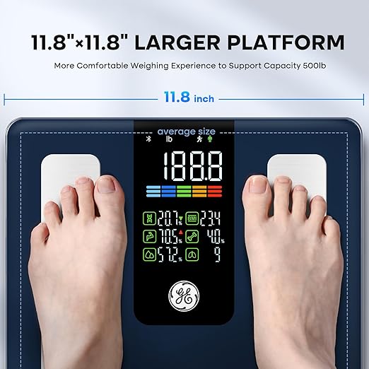GE Smart Scale for Body Weight, BMI, Fat, Muscle Mass, Digital Bathroom Scales 500lbs Bluetooth 11.8" Large Platform Weighing Machine Health Monitor with App, Blue Button Control