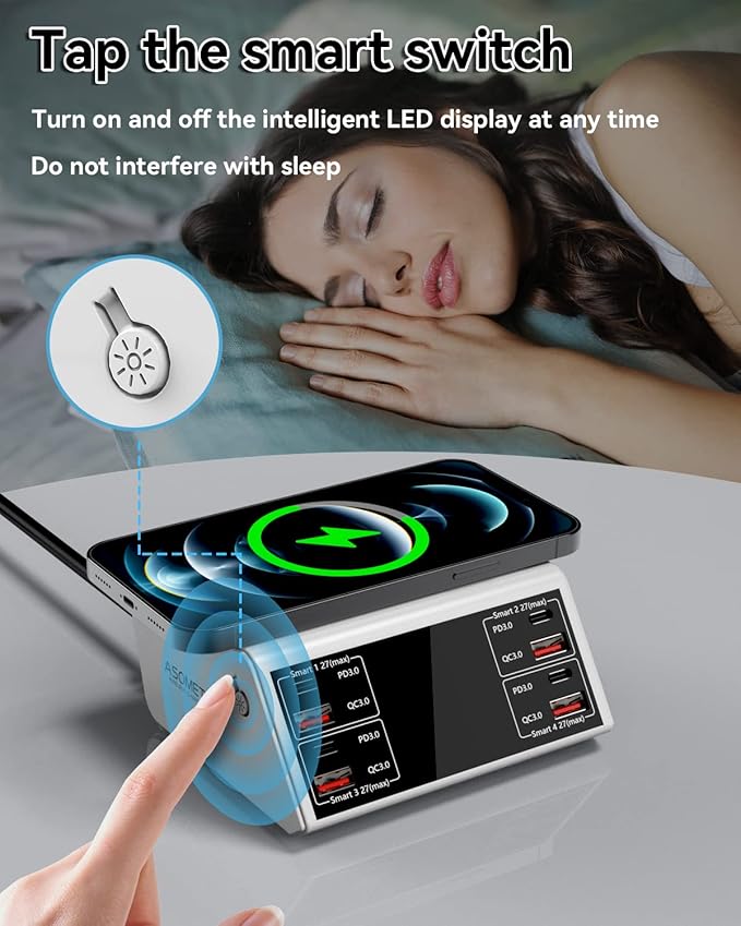 USB Charging Station,100W 8-Port Charging Station for Multiple Devices with 4 QC3.0+4 USB-C PD Ports,Wireless Charger,Multi Fast Charging Hub Charger Station for iPhone,Samsung, iPad