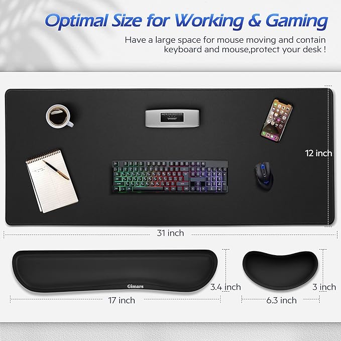 Gimars 4 in 1 Mouse Pad and Keyboard Wrist Rest Set, Large Mouse Pad with Memory Foam Wrist Support Pad for Desk with Coaster, Easy Typing Pain Relief, Gaming Office Home, 31.5x12 inch, Black