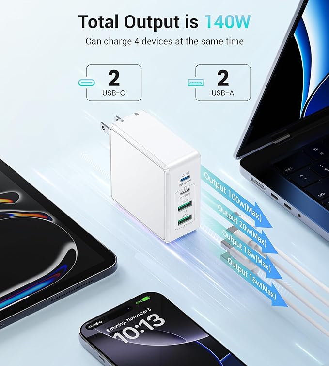 140W USB C Mac Book Pro Charger, 4-Port Type C 20W Fast Charger Block for USB C Port MacBook Pro & MacBook Air, ipad Pro,Wall Charging Block Cube for iPhone 17/16/15/14/13 Pro Max, iPad,Samsung Galaxy