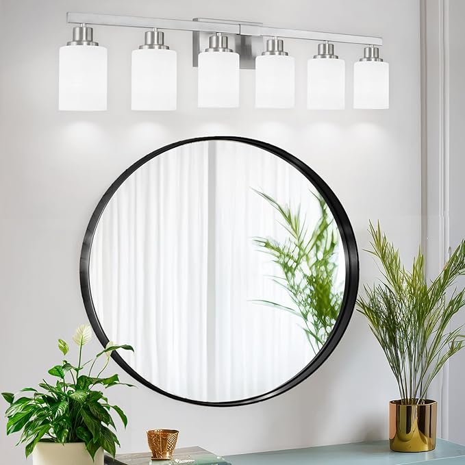 DIKAIDA 38" Bathroom Vanity Light, 6-Light Nickel Vanity Lights for Bathroom, Wall Sconce Lighting with Milky White Glass Shade, Wall Lights,Bath Vintage Wall Mounted Lamps for Mirror Bedroom