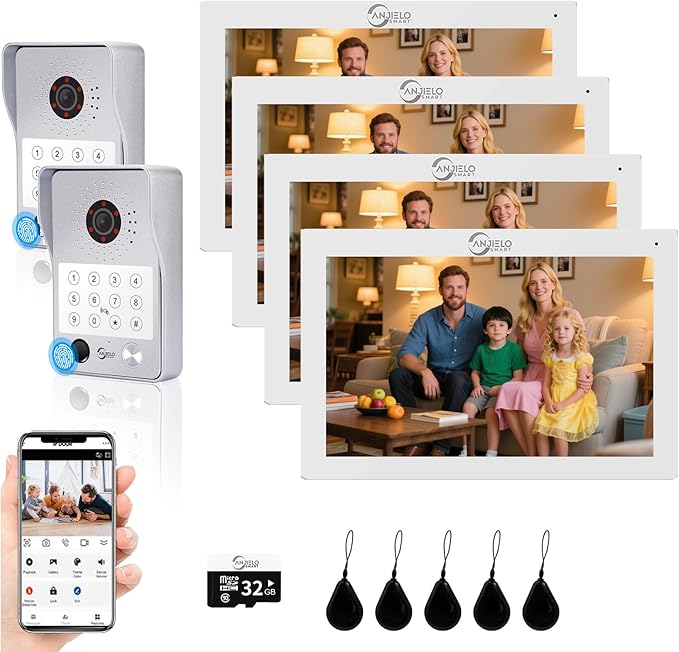 Wired Video Door Phone Apartment Intercom System,7 Inch Touch Monitor with 1080P HD Camera Doorbell,Supporting 5 in 1 Unlocking,Minitoring Motion Detecting for Home Villa,Tuya (2 doorbell + 4 monitor)