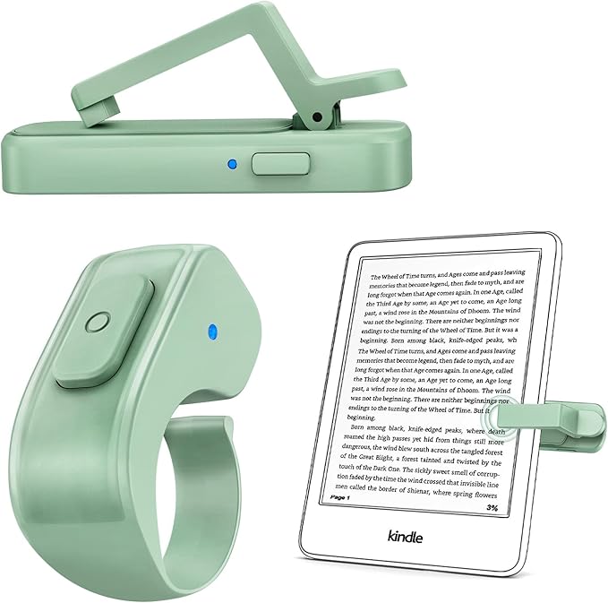 DATAFY Page Turner Ring for Kindle, Remote Control Paperwhite Oasis Scribe Kobo eReaders, Page Turner Clicker for Kindle iPhone ipad Tablets with Camera Video Record & Shutter Selfie Matcha Green