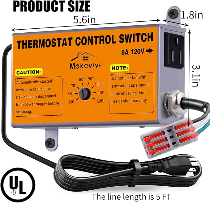 Attic Fan Thermostat-Control: with Socket and Wire Connector, Can Be Connected to Two Fans, Replacement Thermostat with Overload Protector, Temperature Controlled Exhaust Fan for Workshop, Greenhouse