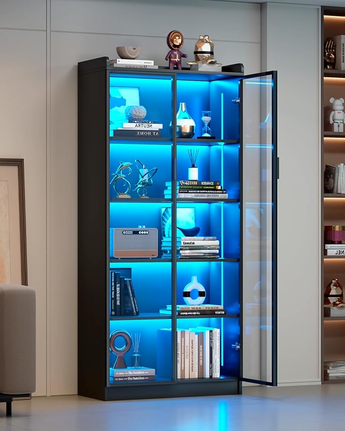 Dystler Display Cabinet with Glass Doors and Shelves, 65" Tall Curio Cabinet with LED Lights/Human Sensor, 5 Tier Display Case for Collectibles Bedroom Living Room Office, Black