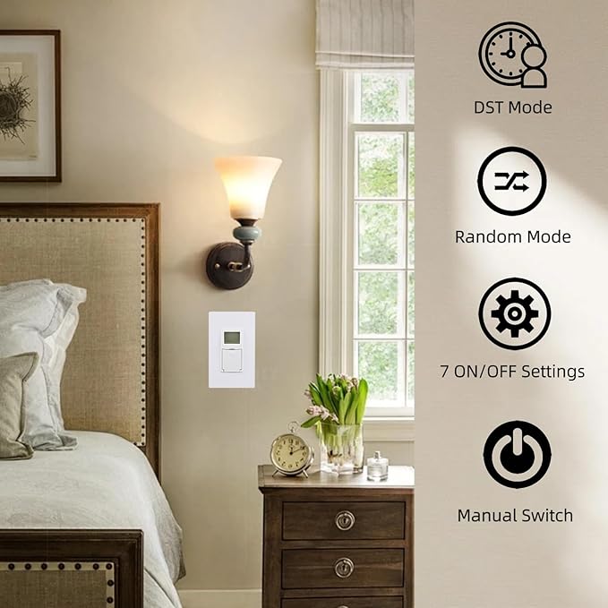 in Wall Digital Timer Switch, Indoor 7 Day Light Switch timers, 125V,15A Programmable Switch Timer for Lights, Fans, Motors, Neutral Wire Required, 7 ON/Off Settings,ETL Listed