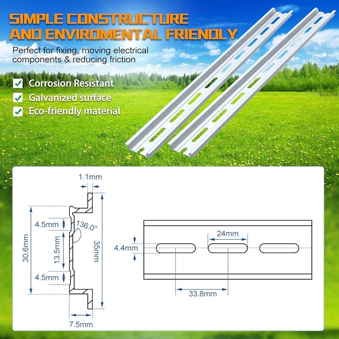 2 Piece VAMRONE Aluminum DIN Rails, 12 Inch Long, 35mm Wide, 7.5mm High, Top Hat Slotted DIN Rail with RoHS, Extra Premium Screws Included for Hardware Components Mounting