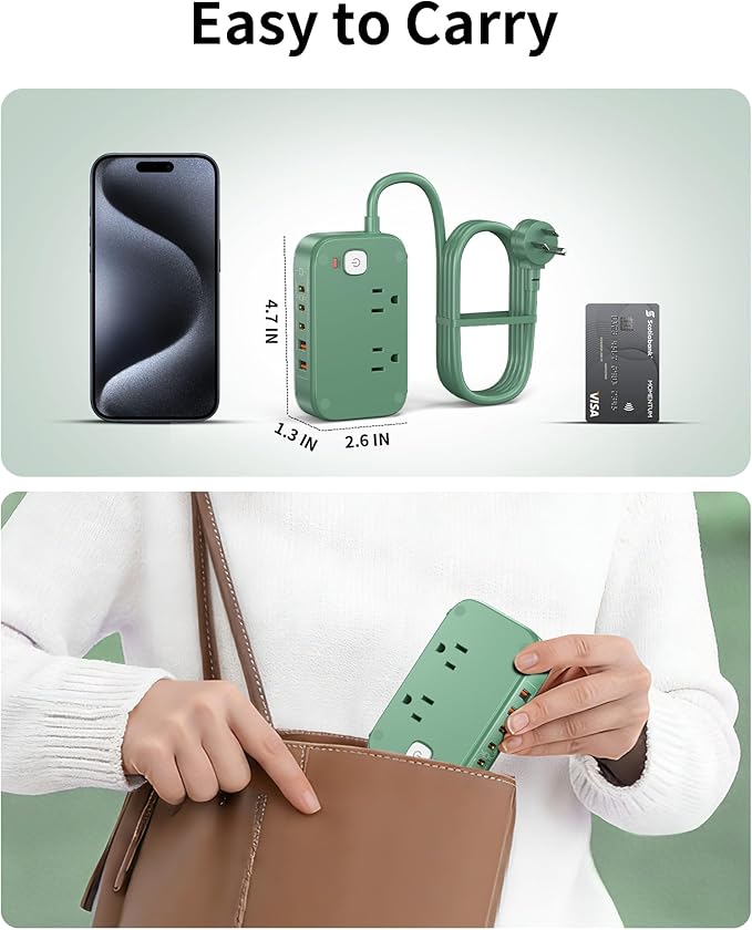 KWRNVO 5FT USB Charging Station with Outlets, Flat USB C Travel Power Strip PD 20W Charger with 2500W AC Outlets, 3 USB-C Ports, 2 USB-A Ports Extension Cord for Home/Office/Travel