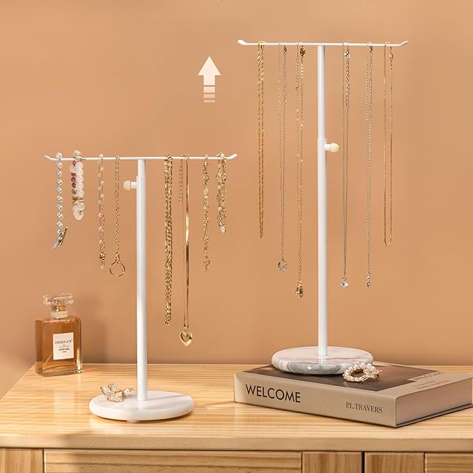 Josmimic White Necklace Holder Jewelry Organizer Stand – Adjustable Height T‑Bar Jewelry Display with White Marble Base, Necklace & Bracelet Holder, Countertop Jewelry Tree