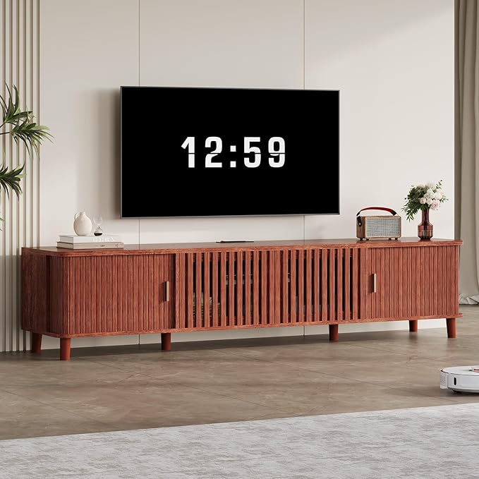 UPOSOJA TV Stand with Fluted Sliding Doors & Adjustable Shelves, Charging Station,RGB LED Lights,Media Console, 67 Inches, with Wire Management, for TVs up to 75 Inches