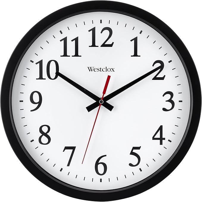 Westclox 14 Inch Round Office Wall Clock with Large Easy to Read Black and White Dial, Battery or Electric Powered, Quartz Accuracy, Glass Lens and Metal Hands, Analog Wall Clock
