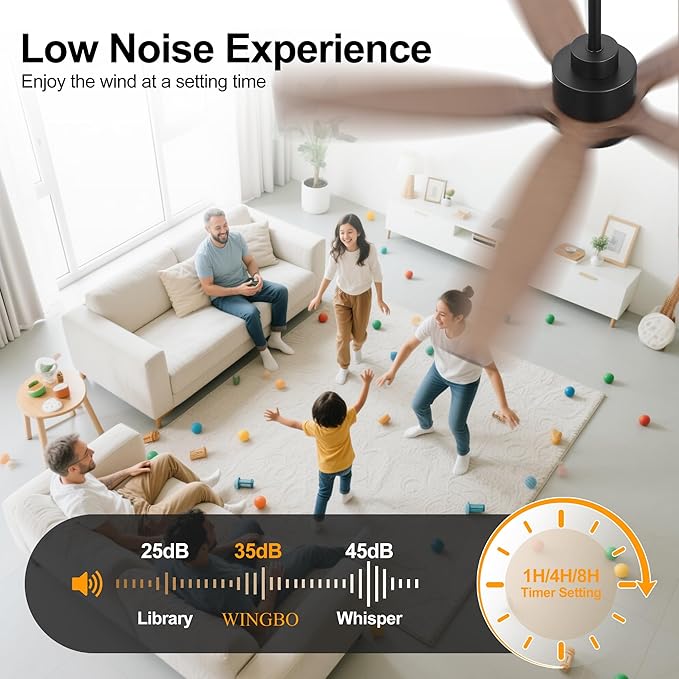 WINGBO 54" Ceiling Fan with Light - 5 Carved Solid Wood Blades, 6-Speed Reversible DC Motor, Dimmable, 3CCT, Noiseless Remote Control Ceiling Fans with Lights for Bedroom Living Room, Black and Wood