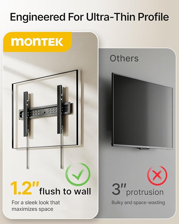 monTEK Ultra Slim Tilting TV Wall Mount Bracket for 43–95" Flat & Curved TVs, 1.2" Low Profile, Anti-Glare Tilt, Holds 150 lbs, Supports VESA 800x400, Fits 16"/18"/24"/32" Studs, TM1006W-LT