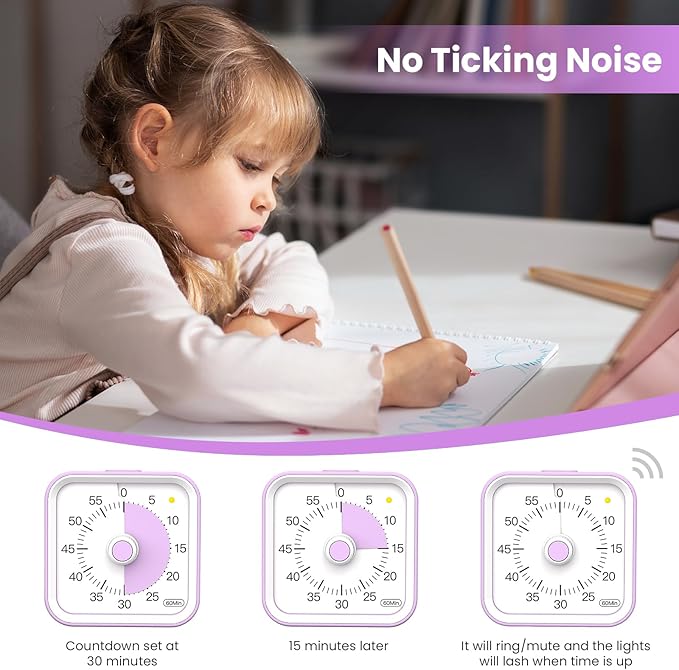 InfPokid Visual Timer for Kids with Pause Function, 60 Minute Countdown Timer for Kids Desk Study, Teaching, Kitchen Cooking, Office Meetings, Time Management for ADHD (Purple)