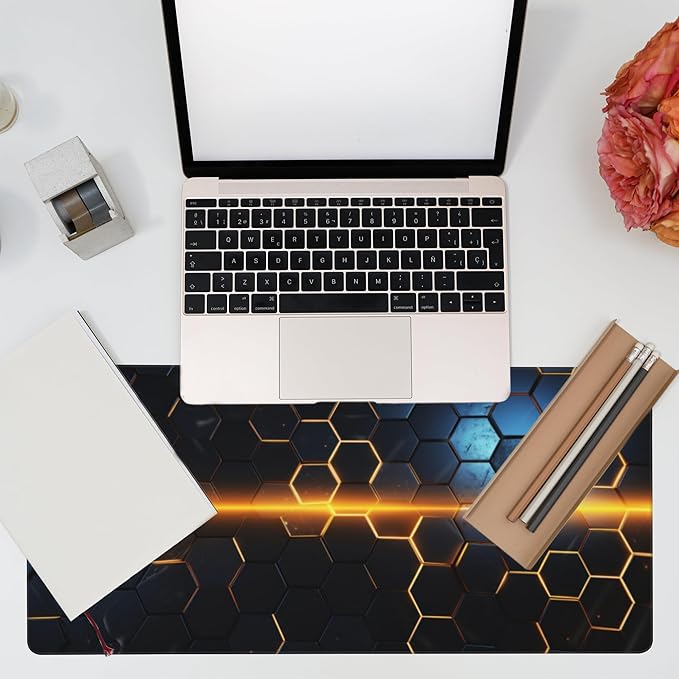 Eflxamz Large Gaming Mouse Pad,Golden Lines Honeycomb Technology Desk Mat,Honeycomb Technology Desk Pad,Extended Computer Keyboard Mouse Pad with Non-Slip Base and Stitched Edge,35.4"x15.7"