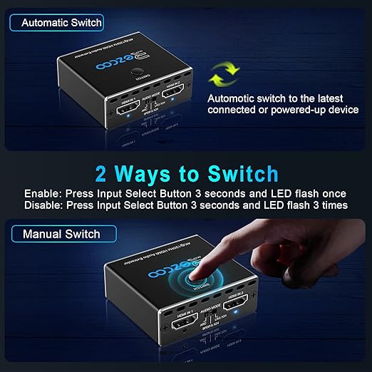 HDMI 2.1 Audio Extractor 4K 120Hz VRR ALLM HDCP2.3 HDR10 ARC Switch 2 in 1 Out Audio Converter- SPDIF 5.1CH Optical Toslink,Stereo Audio Breakout, Repeater Digital for PS 5, Xbox X NVIDIA AMD