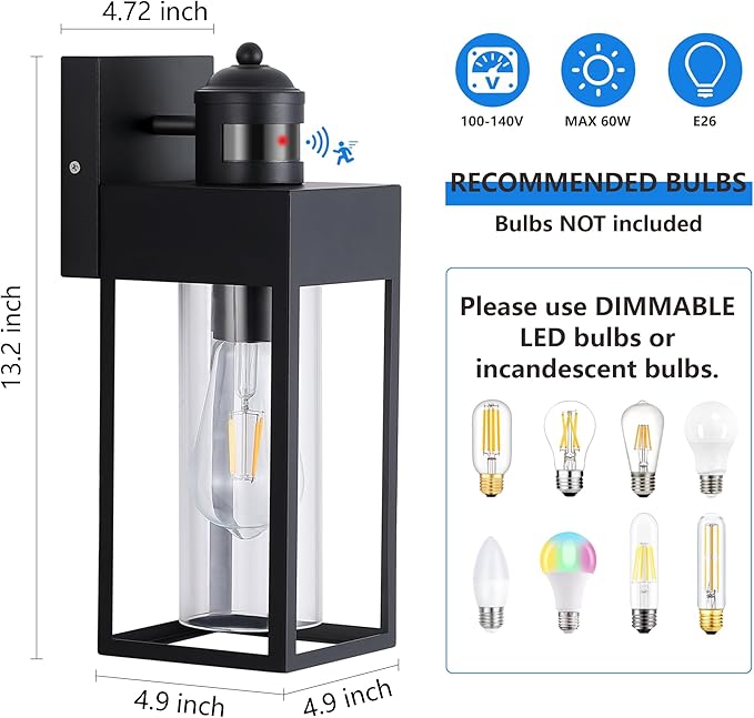 LWSOY Motion Sensor Outdoor Wall Lanterns 2 Packs, Upgrade Dusk to Dawn Exterior Light Fixture, 3 Lighting Modes, Waterproof Front Porch Lights for Garage Patio Garden House Entryway, Black.