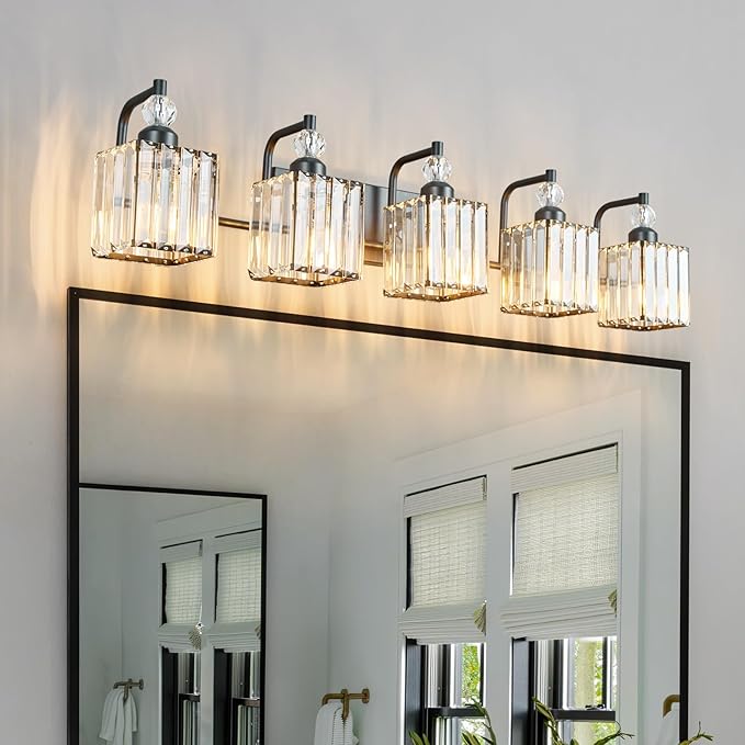 BBLLWJ 5 Light Bathroom Vanity Light Modern Black Vanity Light Fixtures Bathroom Light Fixtures Over Mirror Crystal Vanity Lighting Fixtures
