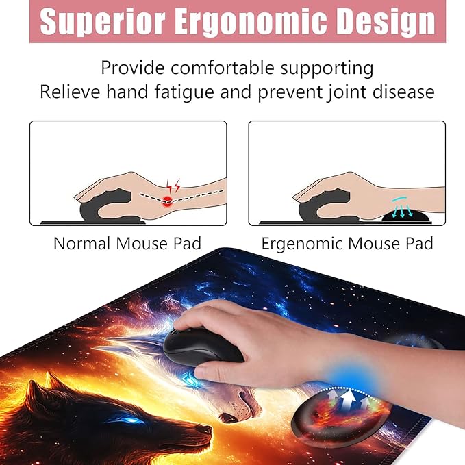 BFUKVOU Large Keyboard Mouse Pad Set, Extended Mouse Pad+Keyboard Wrist Rest Support, Memory Foam Ergonomic Easy Typing, 4Pcs (31.5×11.8 in) Desk Pad Set for Office Home,Cool Wolves