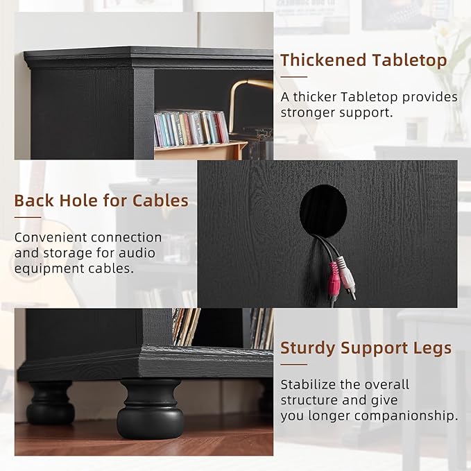 Joaxswe Record Player Stand with Charging Station Up to 200 Albums, 24" Wide Mid-Century Record Player Table with Vinyl Record Storage,Large Wood Turntable Stand Dispaly Cabinet for Living Room,Black