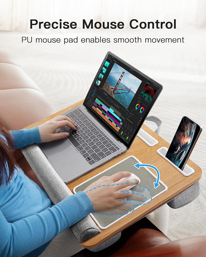 HUANUO Lap Desk - Fits up to 17 inches Laptop Desk, Built in Mouse Pad & Wrist Pad for Notebook, Laptop, Tablet, Lap Stand with Tablet, Pen & Phone Holder, Wood Grain