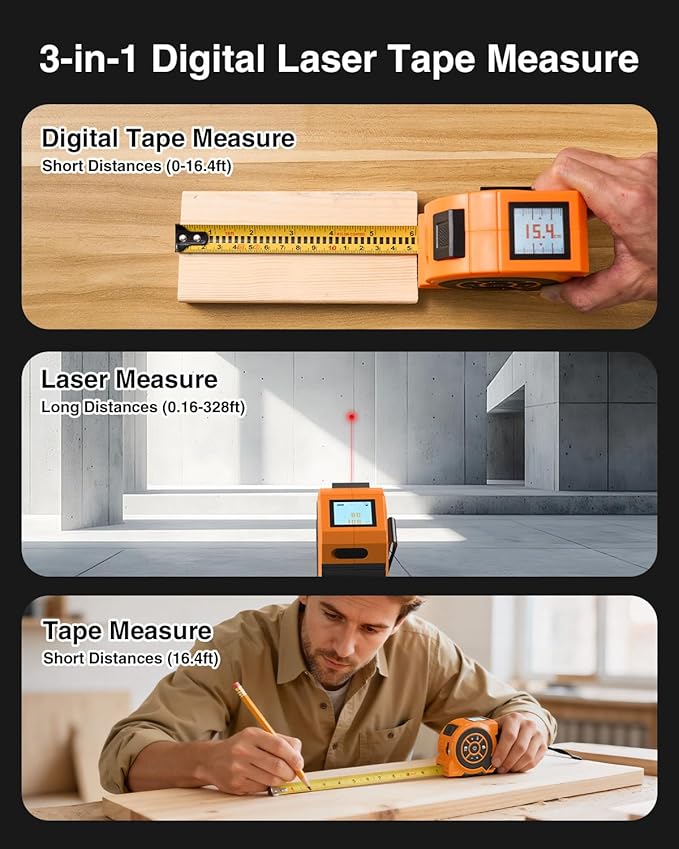 3-in-1 Digital Laser Tape Measure 328Ft Rechargeable Measuring Tool & 16Ft Auto-Lock Tape Measure Movable Magnetic Hook with Area/Volume/Pythagorean, Ft/in/M/Ft+in for Construction, Woodworking, Home