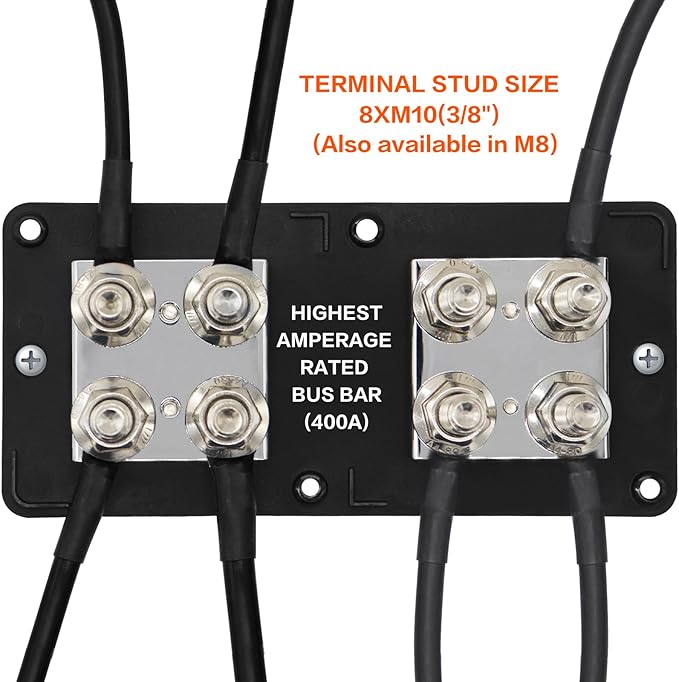 AMOMD 400A Bus Bar 8 M10 (3/8 inch) Terminal Studs Modular Design Tin Plated Copper Distribution Block Negative Pole Electrical Buss Bars 12-48 V DC with Cover for Trailer Marine Boat Car RV