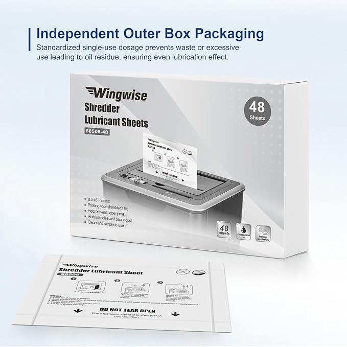 Wingwise 48-Pack Shredder Lubricant Sheets, 8.5 x 6 Inches, Sharpens Blades & Extends Shredder Life, Mess-Free Maintenance for Heavy-Duty Use