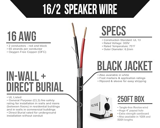 Voltive 16/2 Speaker Wire, in-Wall CL3 & Direct Burial, Black, 250ft - 16AWG, 2 Conductors, Stranded Oxygen-Free Copper, UL Listed - V-1210-3
