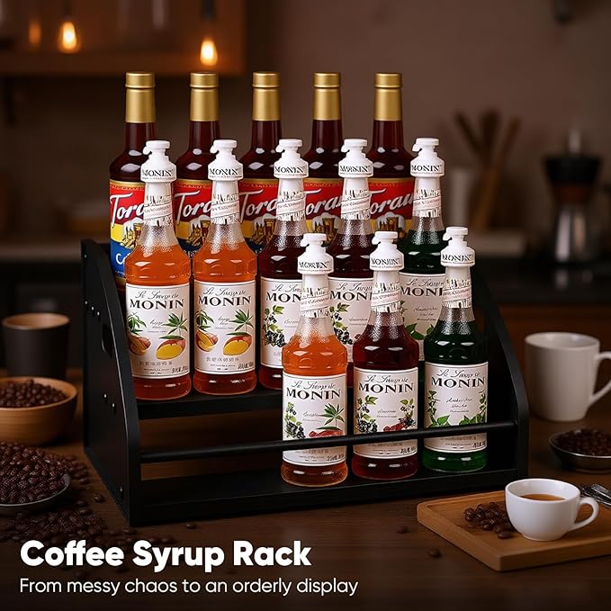 STAEVER Coffee Syrup Rack- Extra Large for 15 Syrup Bottles Holder- Rustic Countertop Display Shelf for Liquor Bottles, Coffee Bar, Kitchen Cabinet- Pantry Storage for Water Bottles, Spirits & Whiskey