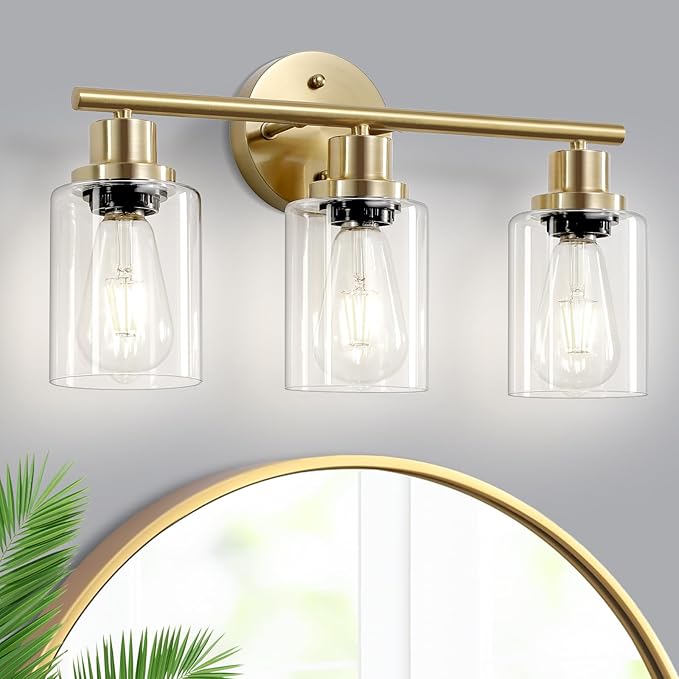 Guliaofo 3-Light Brushed Gold Vanity Lights, E26 Modern Bathroom Light Fixtures with Clear Glass Shade, Wall Lamps for Mirror Kitchen Hallway Cabinet Living Room Sconces Lights